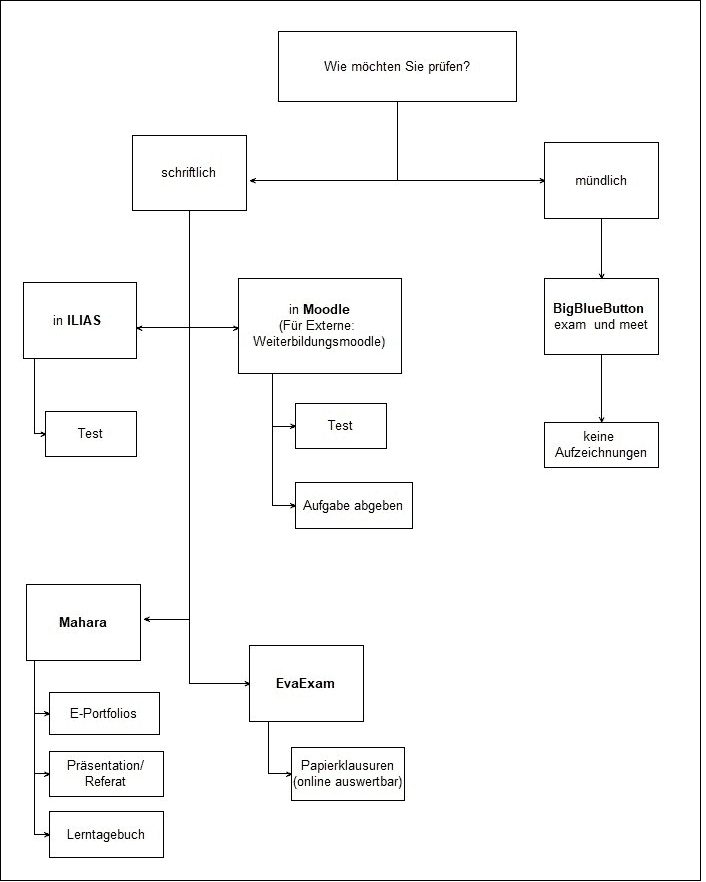Das Schaubild zeigt einen Entscheidungsbaum. Auf der rechten Seite sind mündliche Prüfungen angegeben. Die Option ist die Prüfung mit Big Blue Button zu absolvieren. Auf der linken Seite ist die Möglichkeit einer schriftlichen Prüfung ersichtlich. Diese ist mit ILIAS, Moodle, Mahara und EvaExamen möglich.