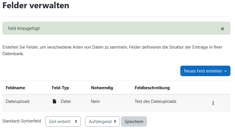 Screenshot des Tabs "Felder verwalten" in der Ansicht einer Datenbank-Aktivität. Im Zentrum steht eine tabellarische Auflistung der Felder mit Name, Typ, Notwendigkeit, Feldbeschreibung und einem Button zum Öffnen der Aktionen des Feldes.