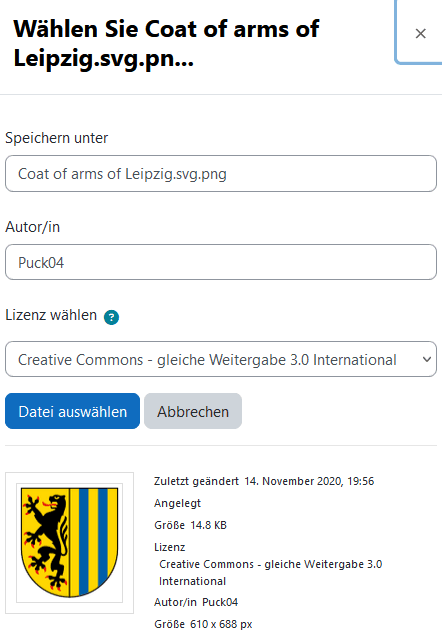 Screenshot des Menüs nach Auswahl einer Datei aus Wikimedia Commons. Über dem Bild können in Textfeldern Name, Autor und Lizenz angepasst werden.