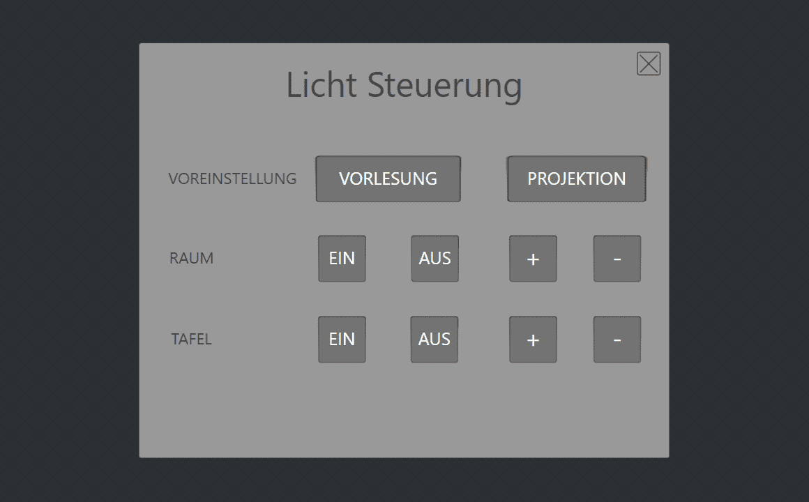 Lichtsteuerungs-Menü mit Schaltflächen für die Presets "Vorlesung" und "Projektion" sowie zum Dimmen der Raum- und Tafellampen