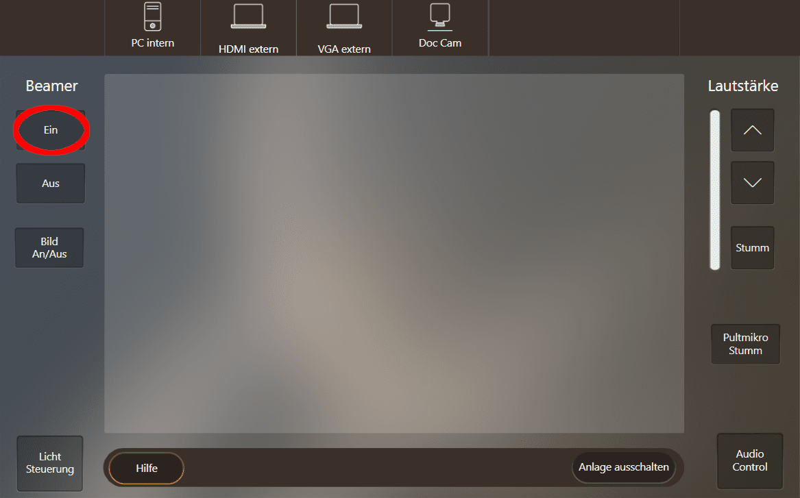 Hauptmenü der Mediensteuerung, am linken Rand befinden sich die Schaltflächen Beamer Ein, Aus und Bild An/Aus