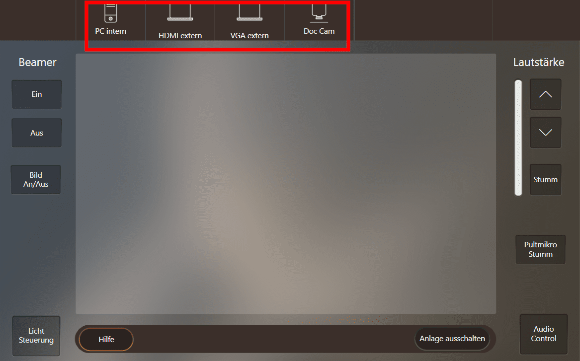 Hauptmenü der Mediensteuerung, am oberen Rand befinden sich die Schaltflächen für die Quellen Uni-PC, HDMI, VGA und Tischkamera