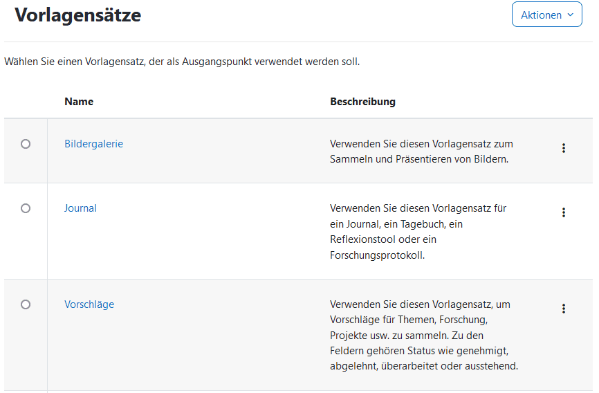 Screenshot des Fensters Vorlagensätze, in dem durch Buttons die Vorlagensätze "Bildergalerie", "Journal" und "Vorschläge" ausgewählt werden können.