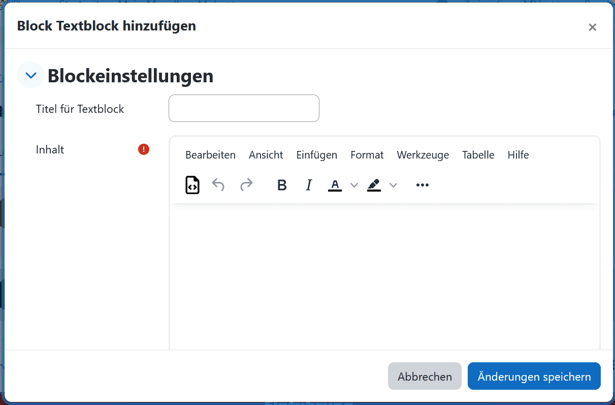 Screenshot des Fensters, das sich bei Erstellung eines Textblocks nach Klick auf den Button "Textblock..." öffnet. Zwei Eingabefelder für Titel und Inhalt sind im Abschitt "Blockeinstellungen" enthalten. Das zweite Textfeld enthält die Einstellungsmöglichkeiten des TinyMCE-Texteditors.