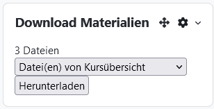 Screenshot des Blocks "Download Materialien" in der Blockleiste. Unter dem Dropdown-Menü in den "Datei(en) von Kursübersicht" ausgewählt ist befindet sich der Button "Herunterladen".