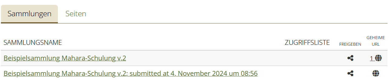 Screenshot der Seite "Von mir freigegeben" unter dem Tab Sammlungen erscheinen Tabellarisch eingereichte Sammlungen, zu erkennen am Namen mit "Sammlung [...] submitted at [Datum und Uhrzeit]".]