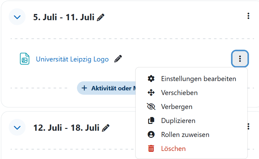 Screenshot einer fertig angelegten Aktivität "Datei" in der Trainer-Ansicht mit aktiviertem Bearbeitungsmodus, in diesem Fall eine Bilddatei mit dem Namen "Universität Leipzig Logo" in einem Moodle-Kurs. Ein Icon zeigt die Art der Daten, in diesem Fall ein Bild, der Name daneben kann als Link angeklickt werden.