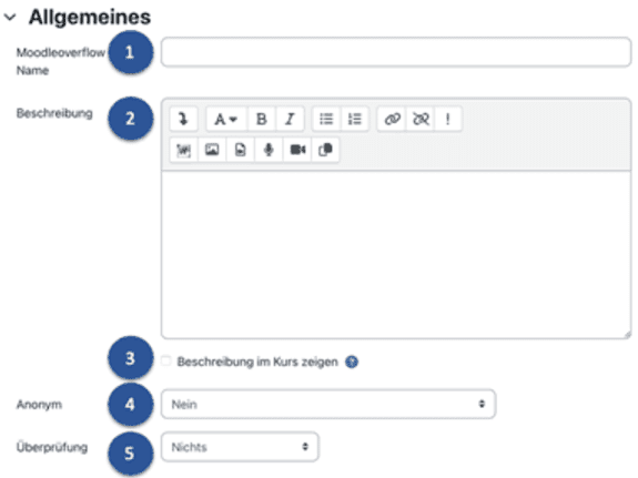 Allgemeine Einstellungen mit Nummerierungen