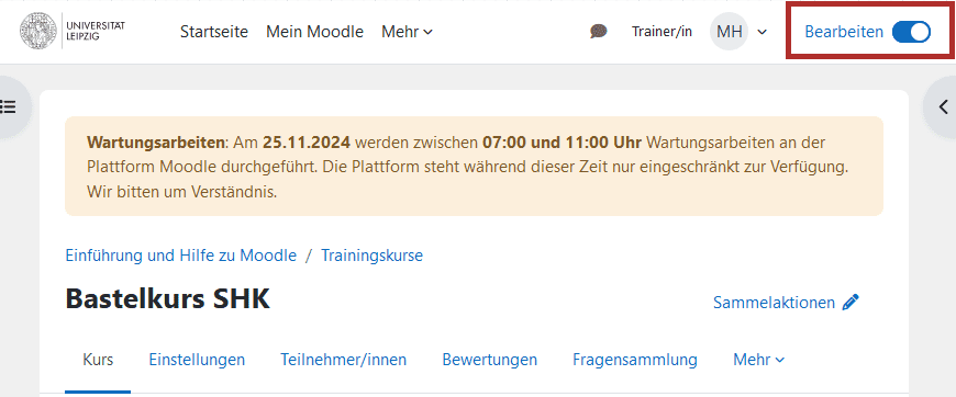 Screenshot eines Moodle-Kurses. Im oberen rechten Bereichs eines Moodle-Fensters neben dem Button zum &Ouml;ffnen der Profilinformationen ist der Button Bearbeiten hervorgehoben und aktiviert gekennzeichnet.