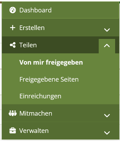 Screenshot des Mahara-Hauptmenüs. Der Button "Von mir freigegeben" im Abschnitt "Teilen" ist hervorgehoben.