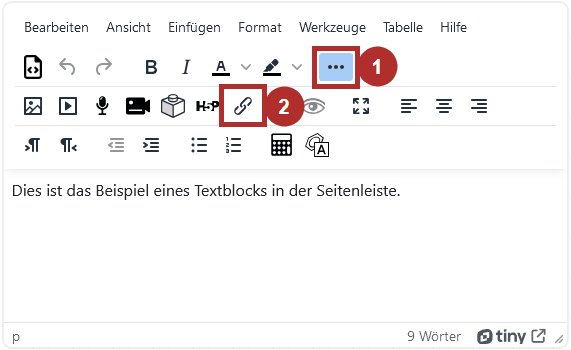 Screenshot des Feldes Inhalt auf der Konfigurations-Seite des Blockes. Das Textfeld enth&auml;lt den TinyMCE-Editor. Hervorgehoben sind die Buttons 'Zus&auml;tzliche Symbolelemente ein- und ausblenden' (1) und der bei eingeblendeten Elemnten erscheinende Button 'Link' (2)