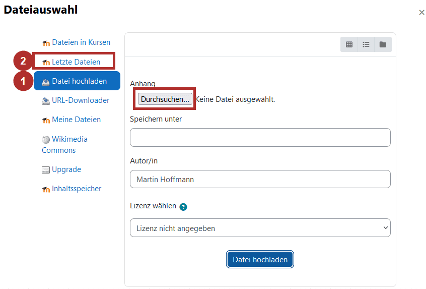 Screenshot des Fensters "Dateiauswahl" Links in der Menüleiste ist der dritte Menüpunkt (Datei hochladen) aktiv. Darüber ist der zweite Menüpunkt (Letzte Dateien) mit (2) markiert. Im rechten Bereich des Fensters ist der Button "Durchsuchen" hervorgehoben.