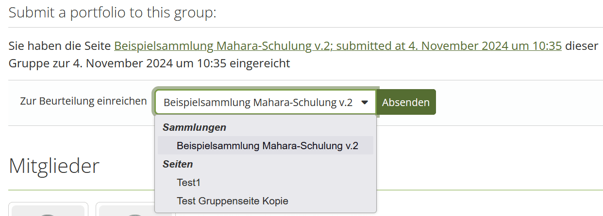 Screenshot des Unteren Abschnittes "Submit a portfolio to this group" einer Mahara-Gruppen-Hauptseite. Darunter das Dropdown-Menü "Zur Beurteilung einreichen" in dem eine Auswahl der eigenen Seiten und Sammlungen getroffen werden kann.