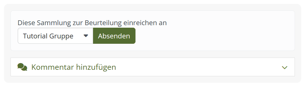 Screenshot des Unteren bereiches einer geöffneten Sammlung. Unter dem Inhalt ist der Text "Diese Sammlung zur Bewertung einreichen", ein Dropdownmenü, in dem Gruppen ausgewählt werden können, denen man angehört und der Button "Absenden" aufgezeichnet.