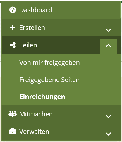 Screenshot des Mahara-Hauptmenüs. Der Button "Einreichungen" im Abschnitt "Teilen" ist hervorgehoben.