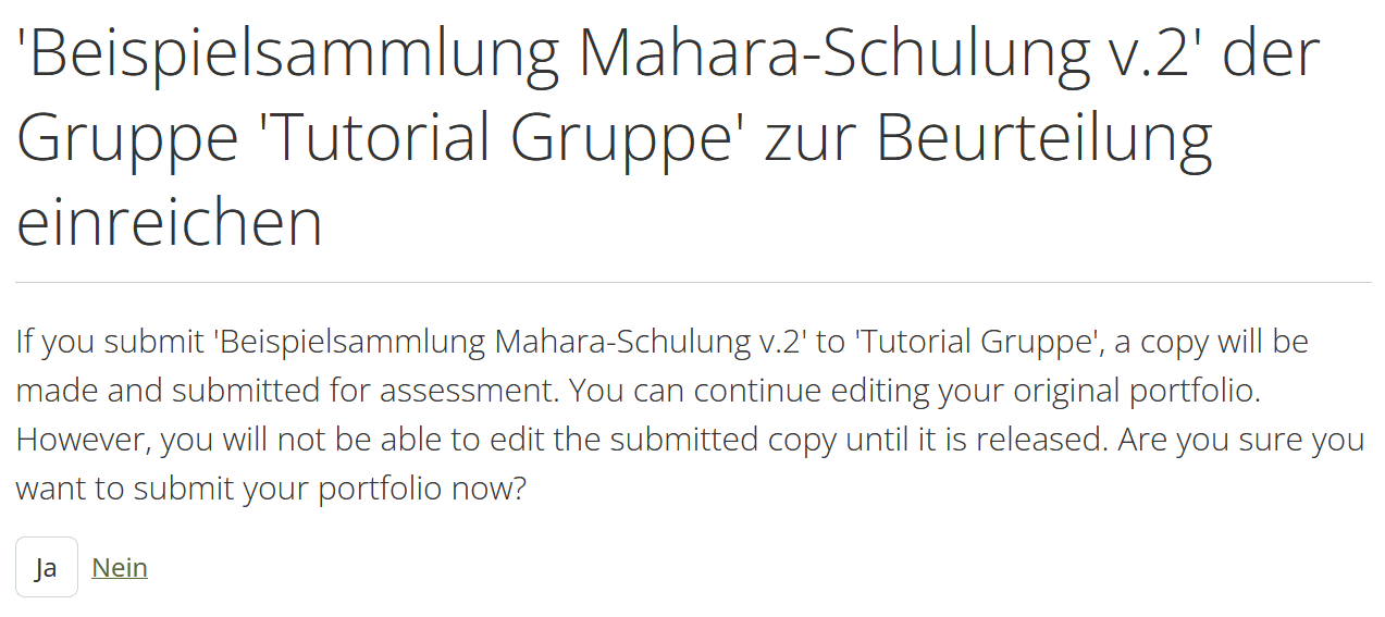 Screenshot des Bestätigungsfensters zur Einreichung eines Portfolios mit den Buttons "Ja" und "Nein".