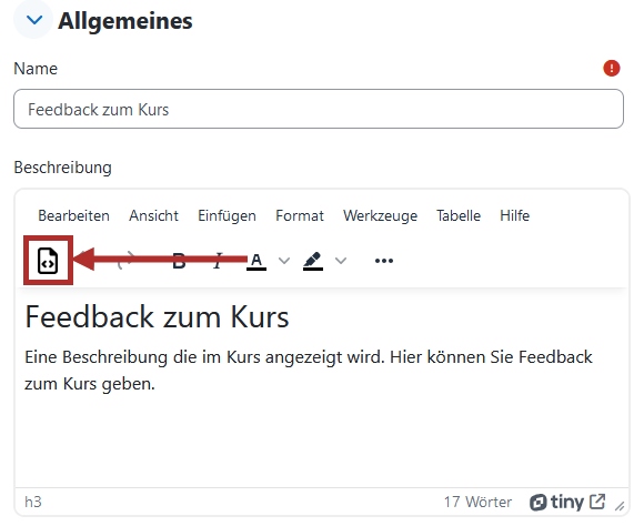 Screenshot des Fensters Einstellungen einer Aktivit&auml;t. Im Abschnitt allgemein ist in der Editorleiste des Textfeldes Bearbeiten das Icon Quellcode Pro hervorgehoben, das an der ersten Stelle von links in der Iconleiste unter der Men&uuml;leiste erscheint.