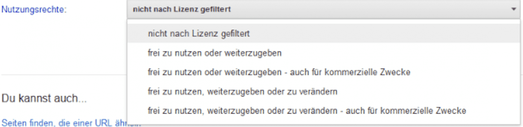 Dorpdown-Menü in Google über die Nutzungsrechte