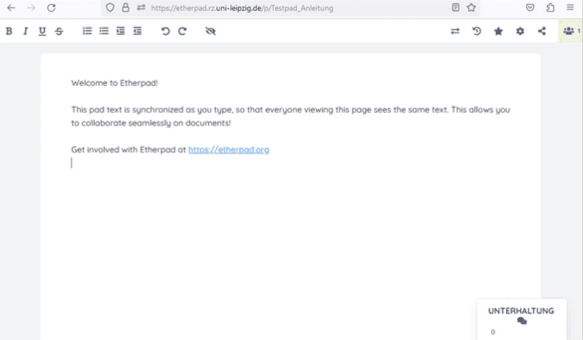 Ansicht eines neu erstellten Etherpad im Browser. Im oberen Bereich eine Taskleiste mit Optionen, darunter das Textdokument.