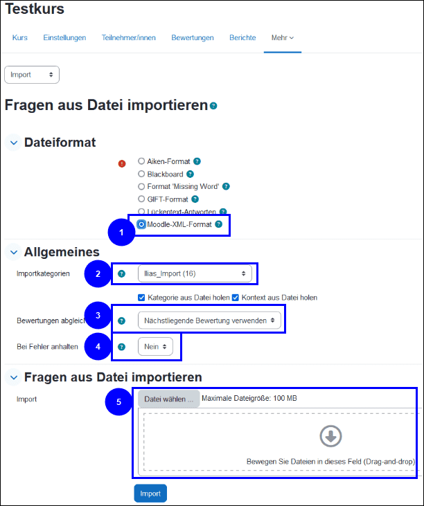 Anwendungsmaske für importierte Dateien mit Auswahl verschiedene Einstellungen