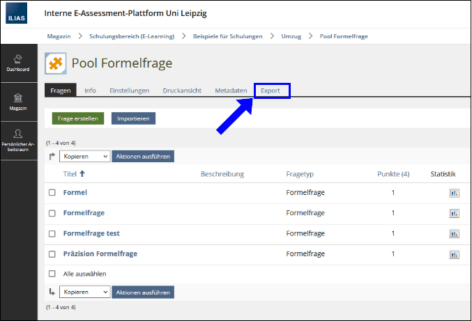   Anwendung Oberfläche mit Registerkarten, unter anderem mit dem Unterpunkt Anführungszeichen „Export“. 