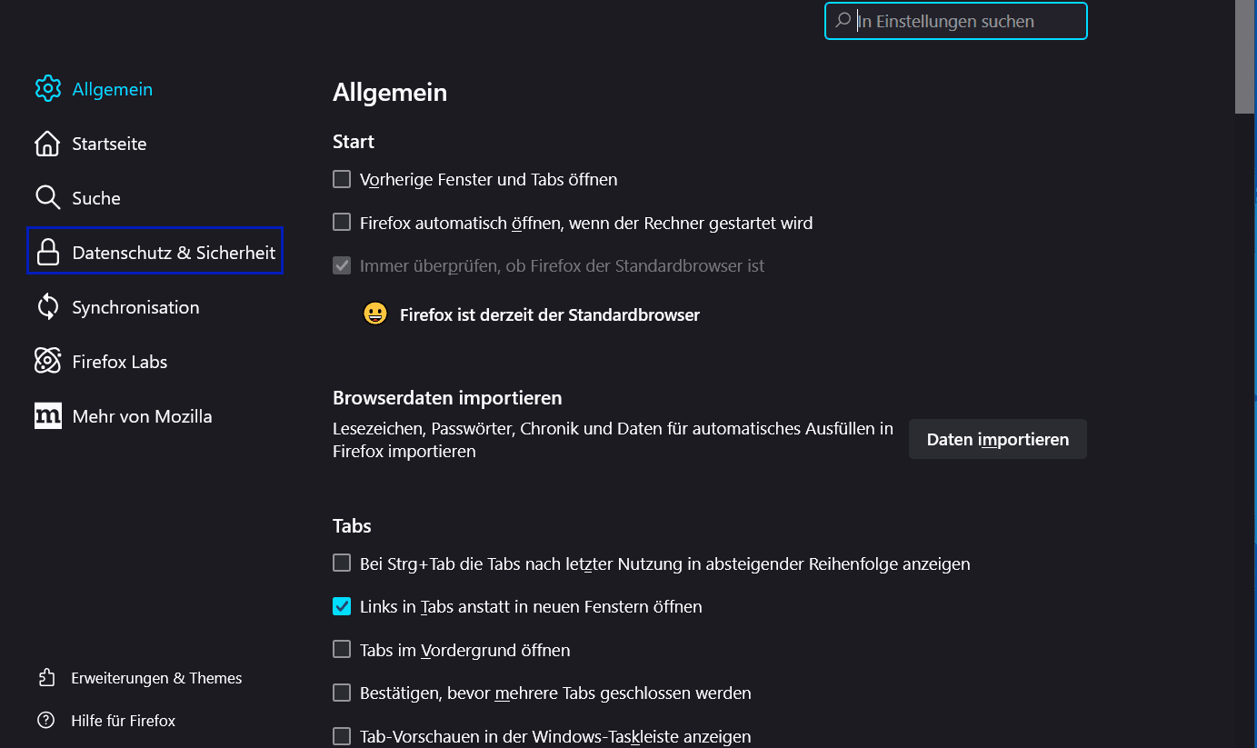 Einstellungsfenster mit linksseitigen Registerkarten