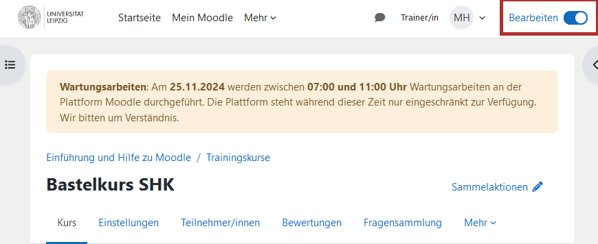 Screenshot eines Moodle-Kurses. Im oberen rechten Bereichs eines Moodle-Fensters neben dem Button zum &Ouml;ffnen der Profilinformationen ist der Button Bearbeiten hervorgehoben und aktiviert gekennzeichnet.