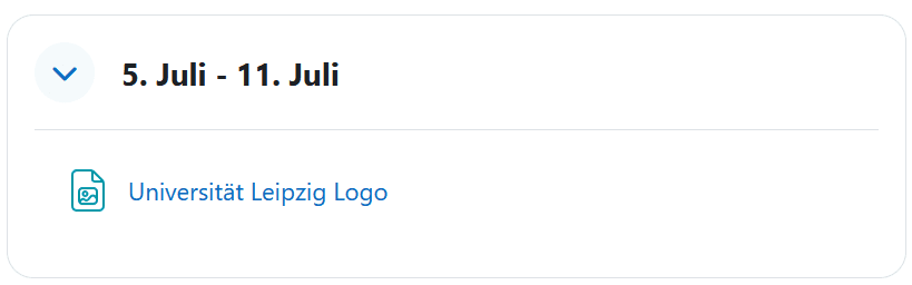Screenshot einer fertig angelegten Aktivität "Datei", in diesem Fall eine Bilddatei mit dem Namen "Universität Leipzig Logo" in einem Moodle-Kurs. Ein Icon zeigt die Art der Daten, in diesem Fall ein Bild, der Name daneben kann als Link angeklickt werden.