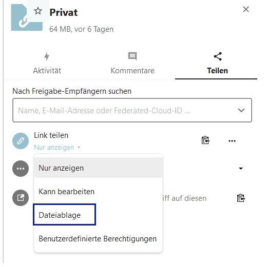 Ordner in der Speicherwolke mit Drop-Down Menü mit dem Feld "Datenablage". 