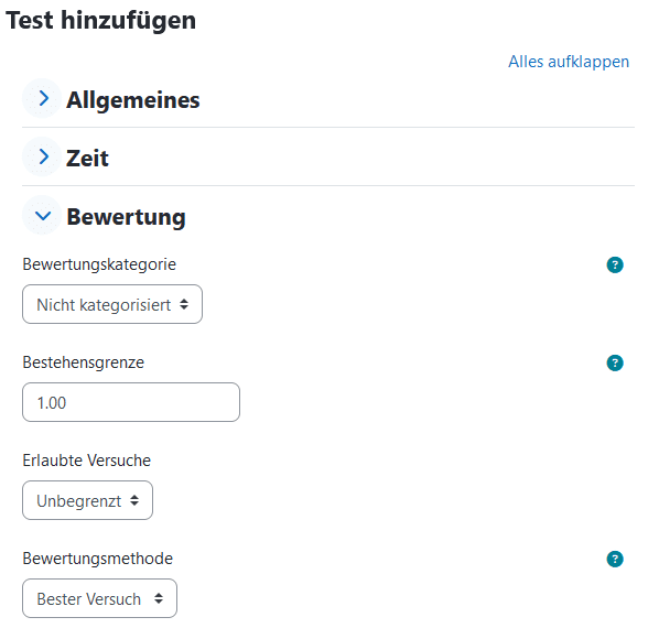 Screenshot der Seite Einstellungen einer Testaktivit&auml;t. Der Bereich Bewertung ist ausgeklappt. Darin ist das Textfeld Bestehensgrenze, in dem 1.00 eingetragen ist hervorgehoben.