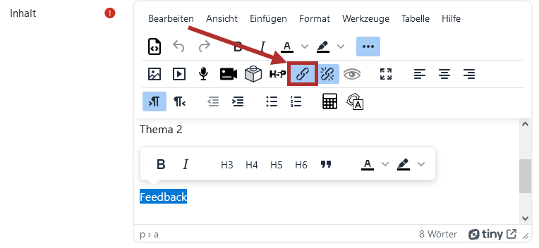 Screenshot des Texteditors des Textblockes. Markiert ist der Button "Link einfügen" in der Iconleiste.