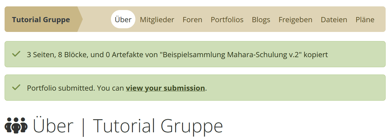 Screenshot der Hauptseite einer Mahara-Gruppe nach dem Bestätigen einer Einreichung. Es erscheinen zwei Textfelder mit "3 Seiten, 8 Blöcke und 0 Artefakte von "Beispielsammlung" kopiert" und "Portfolio submitted. You can view your submission" Die letzten 3 Worte als Link zum abgegebenen Portfolio.