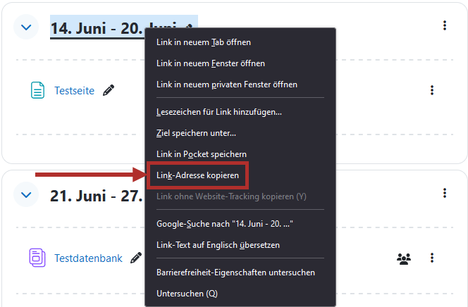 Screenshot eines Moodle Kurses mit verschiedenen Kursabschnitten. Zu einem Kursabschnitt ist das Kontexmen&uuml; des Browsers ge&ouml;ffnet. Im Kontexmen&uuml; ist der Button 'Link-Adresse kopieren' hervorgehoben.