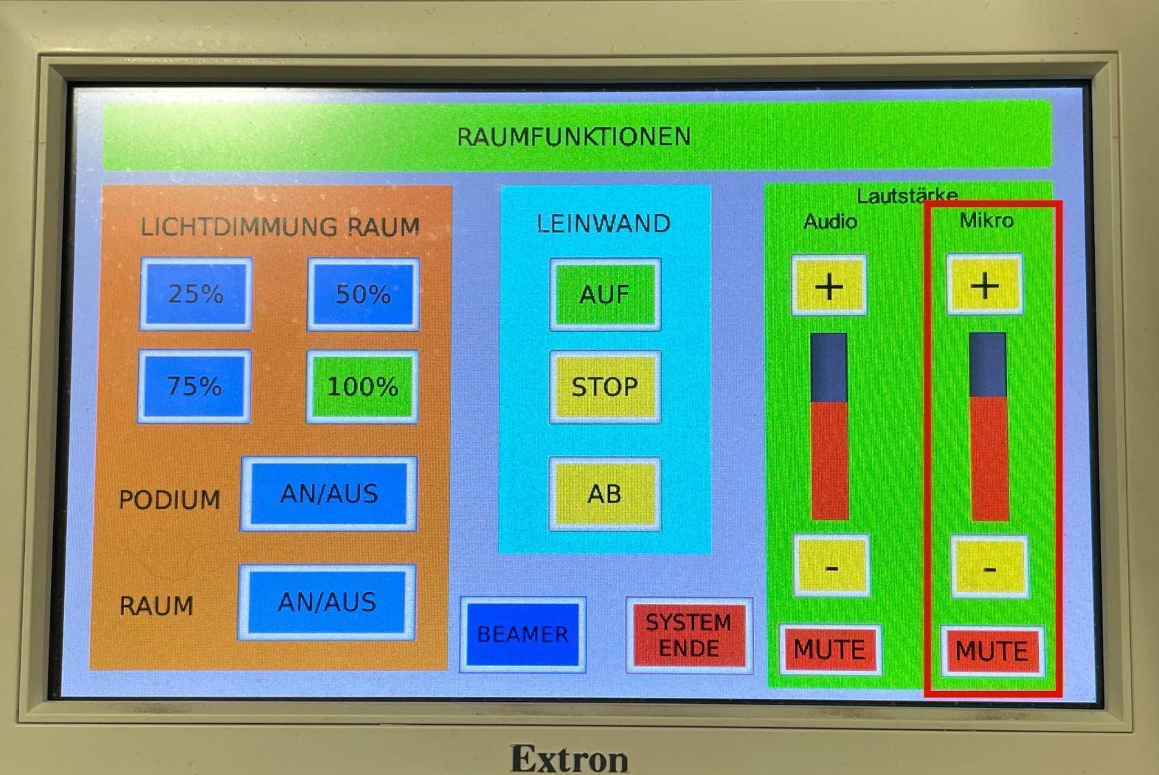 Raumsteuerungs-Bildschirm mit Lautstärke-Regelung an rechtem Rand