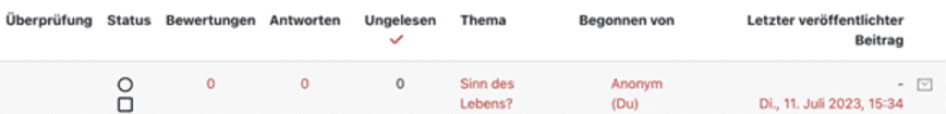 Ausschnitt der Ansicht eines Teilnehmenden auf Moodleoverflow mit neuem Thema.