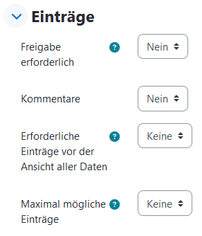 Screenshot des Bereiches &quot;Eintr&auml;ge&quot; im Einstellungsfenster zum Erstellen einer Datenbank mit den Auswahlfeldern Freigabe erforderlich(1), Kommentare(2), Erforderliche Eintr&auml;ge vor der Ansicht aller Daten(3) und Maximal m&ouml;gliche Eintr&auml;ge(4).