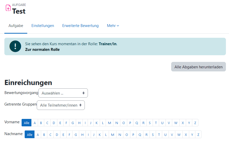 Screenshot einer Aufgabe in der Ansicht "Alle Abgaben anzeigen". Im rechten Bereich der Button "Alle Abgaben herunterladen".