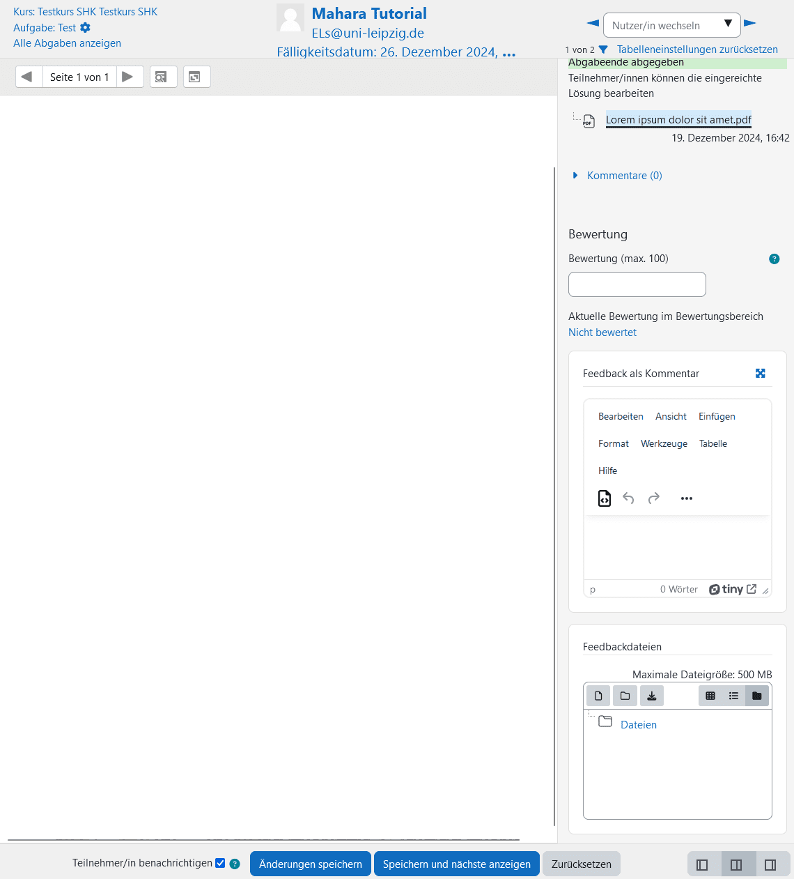 Screenshot des Bewertungsfenster. Im oberen Bereich Links zum Kurs sowie Verweise auf die aktuelle Abgabe und Eingabefenster und Buttons um zwischen verschiedenen Abgaben zu wechseln. Im Rechten Bereich u.A. ein Button zum Download der Abgabe, ein Eingabefeld "Bewertung", ein Textfeld "Feedback als Kommentar" und ein Dateiauswahlfeld "Feedbackdateien". Im unteren Bereich die Buttons "Änderungen Speichern", "Speichern und nächste anzeigen" und "Zurücksetzen".