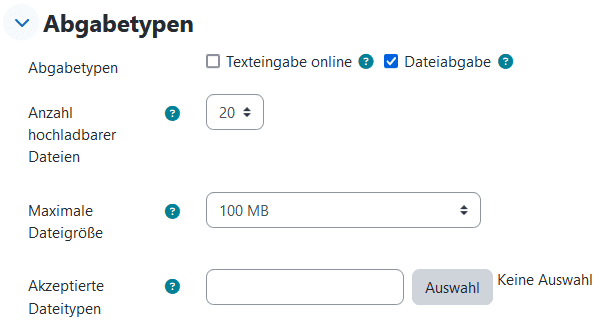 Screenshot des Abschnittes "Abgebetypen". "Texteingabe online" oder "Dateiabgabe" können über Checkboxen aktiviert werden. 