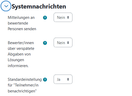 Screenshot des Abschnittes "Systemnachrichten" mit 3 Dropdown-Menüs, die jeweils "Ja" und "Nein" als Auswahl haben.