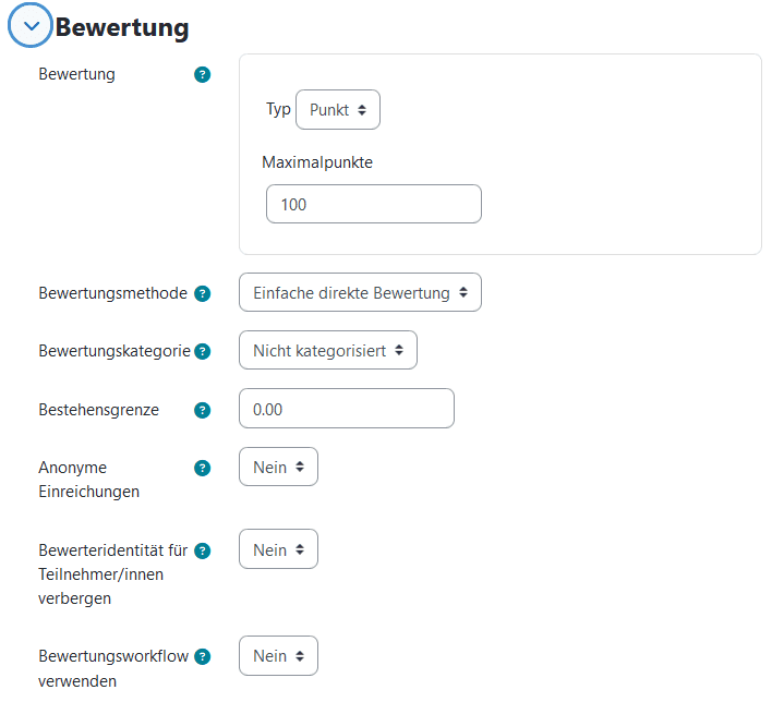 Screenshot des Abschnittes "Bewertung" mit den im obigen Text angegebenen Einstellungsoptionen.