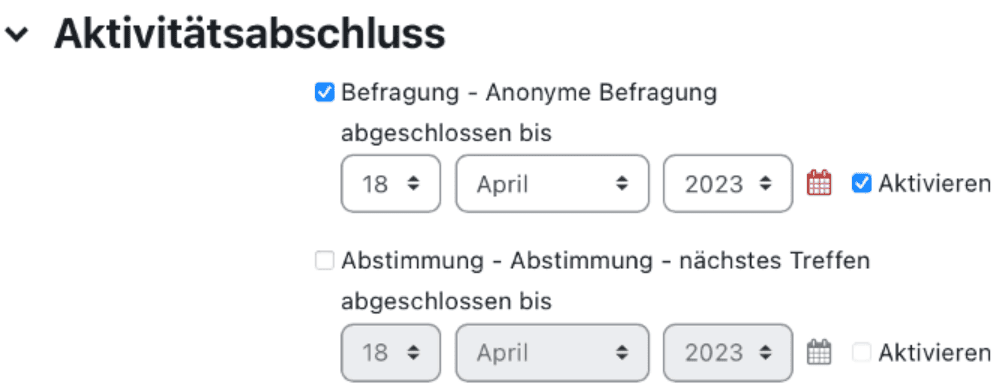 Einstellungsmöglichkeiten zum Kriterium 'Aktivitätsabschluss'.
