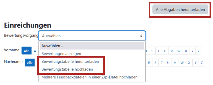 Screenshot einer Aufgabe in der Ansicht "Alle Abgaben anzeigen". Im rechten Bereich der Button "Alle Abgaben herunterladen". Im Dropdown-Menü "Bewertungsvorgang" können die Optionen "Bewertungstabelle herunterladen" und "Bewertungstabelle hochladen" ausgewählt werden.