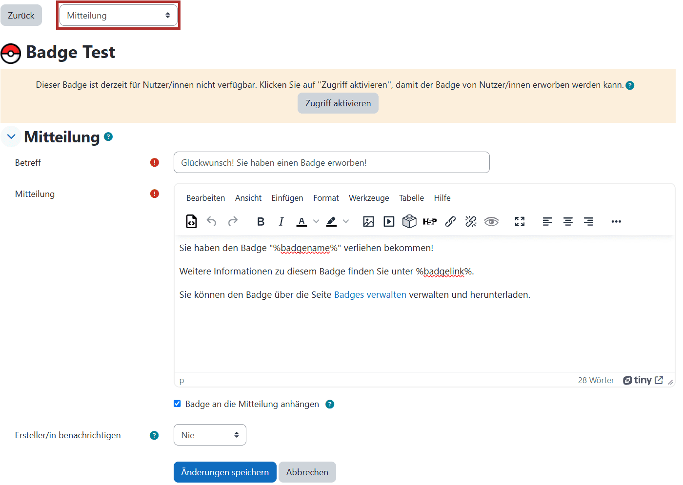 Übersichtsseite eines erstellten Badges mit ausgewähltem Dropdown-Menüpunkt 'Mitteilung'.