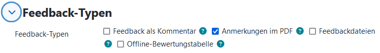 Screenshot des Abschnittes "Feedback-Typen" mit den Checkboxen "Feedback als Kommentar", "Anmerkungen im PDF", "Feedbackdateien" und "Offline-Bewertungstabelle".