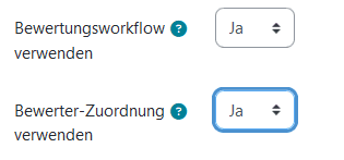 Screenshot des Abschnittes "Bewertung" unter "Bewertungsworkflow verwenden" ist "Ja" gewählt. Dadurch erscheint darunter die zusätzliche Einstellungsmöglichkeit "Bewerter-Zuordnung verwenden".