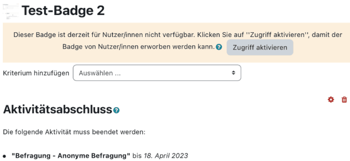 Übersichtsseite des erstellten Badges.