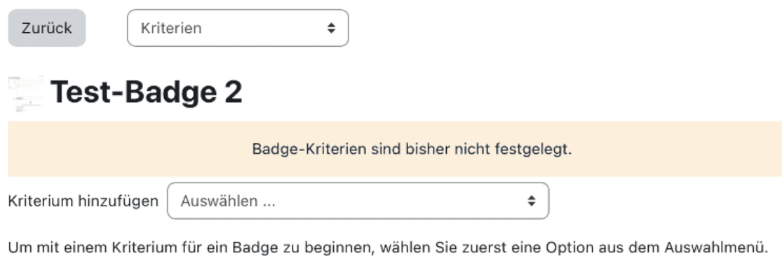 Übersichtsseite eines erstellten Badges mit ausgewähltem Dropdown-Menüpunkt 'Kriterien'.