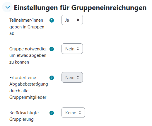 Screnshot des Abschnittes "Einstellungen für Gruppeneinreichungen". Im Dropdown-Menü "Teilnehmer/innen geben in Gruppen ab" ist ja gewählt.