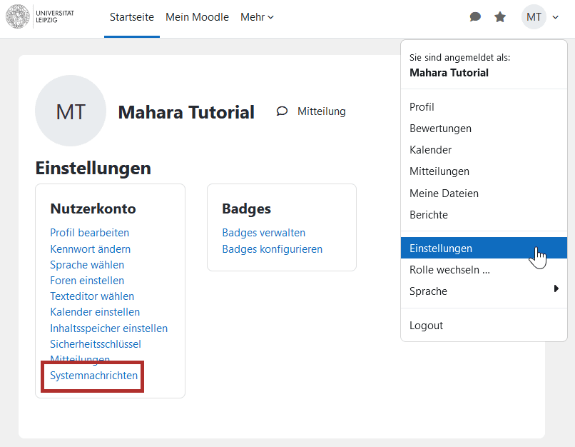 Screenshot der Seite "Einstellungen", die über das Nutzermenü das sich bei Klick auf den oberen rechten Button jeder Moodle Seite ("[Nutzername]") öffnen lässt. Unten in der linken Liste mit Buttons findet sich der Button "Systemnachrichten".